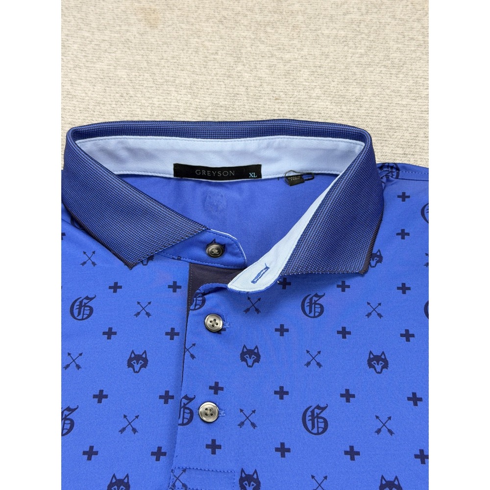 Greyson Mens XL Blue Monogram Wolf Head G Logo Golf Polo Shirt - Picture 11 of 13